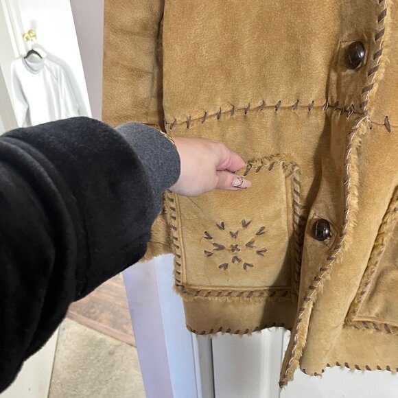 Vintage Womens Tan 100% Leather Faux Fur Trim Patchwork Penny Lane Coat Large - Picture 3 of 8